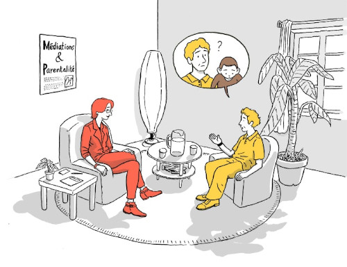 Espace de discussion entre un parent et une médiatrice dans un local