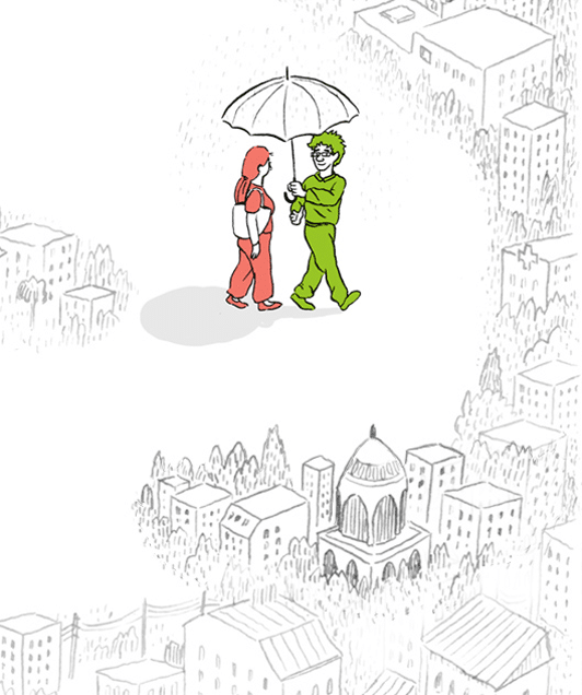 Dessin représantant une personne aidé et accompagné par une autre personne tenant un parapluie