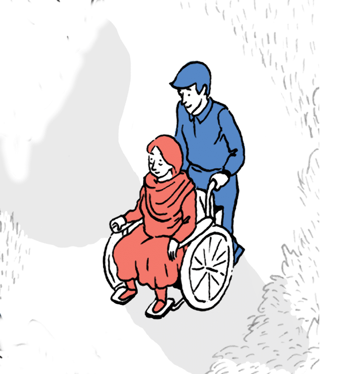 Femme en fauteuil roulant, poussé par un homme