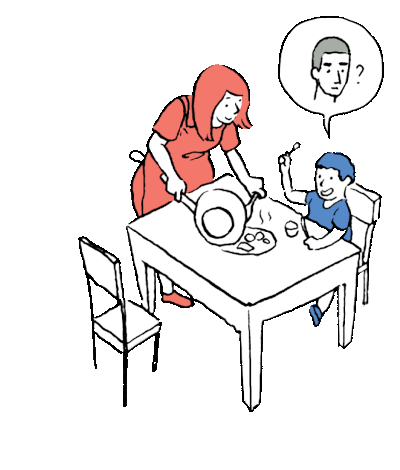Le fils à table pose une question à sa mère vis à vis de son père
